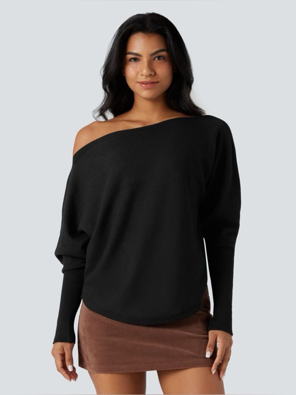 NWT Halara One Shoulder Batwing Sleeve Curved Hem Work Sweater Black Large